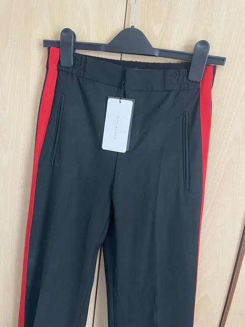 NEW ZARA BASIC BLACK Pants Red Side Stripe Trousers Size XS BNWT