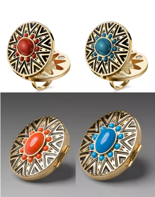 NEW HOUSE OF HARLOW 1960 Antique Gold Arty Enamel Tribal Ring Coral Turquoise