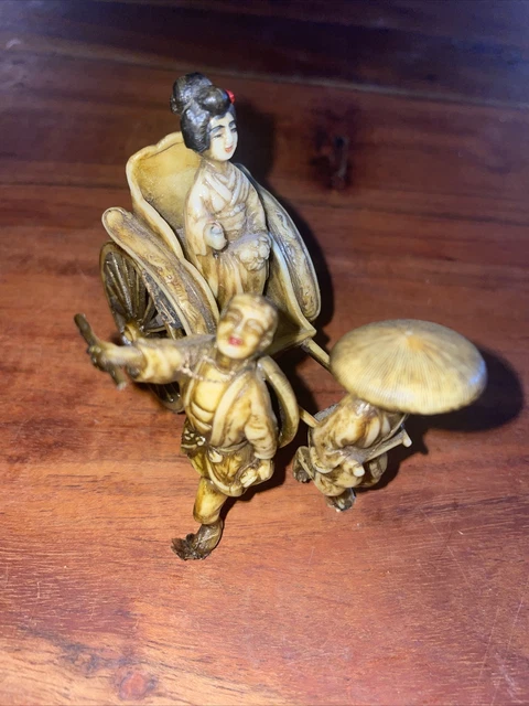 Japanese Rickshaw Souvenir Plastic Mini Toy Yellow/Antiqued w/ Extra Character
