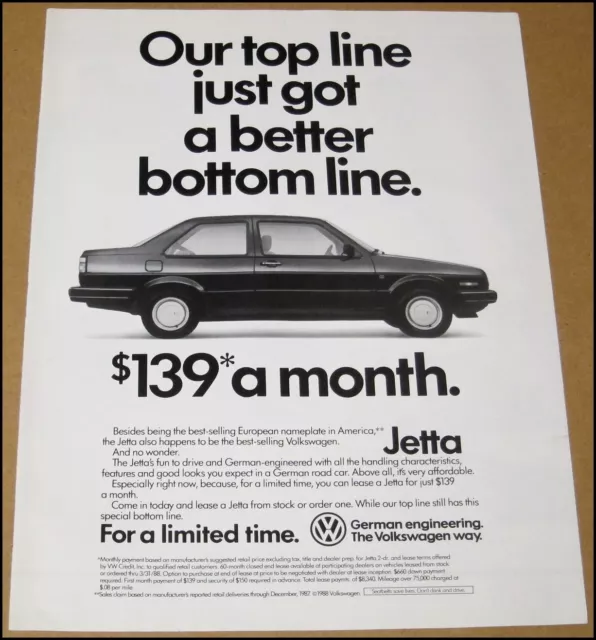 1988 Volkswagen Jetta Print Ad Car Automobile Advertisement Vintage VW Auto