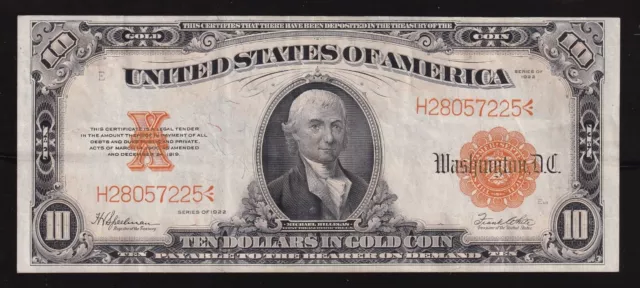 1922 $10 Gold Certificate Note FR 1173 Speelman White Bright Color AU High Grade