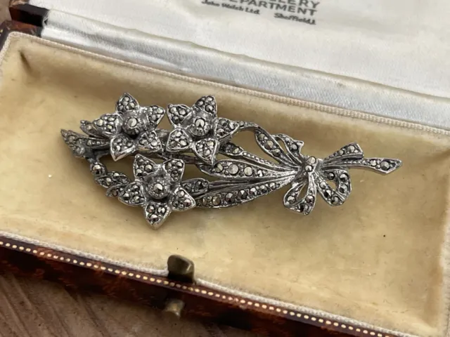 Vintage Marcasite Brooch Silver Tone Floral Spray Flower Bunch Sparkly Pin