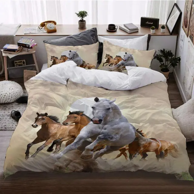 Beige Running Horses Quilt Duvet Cover Set Soft Bedroom Decor Bedclothes KX