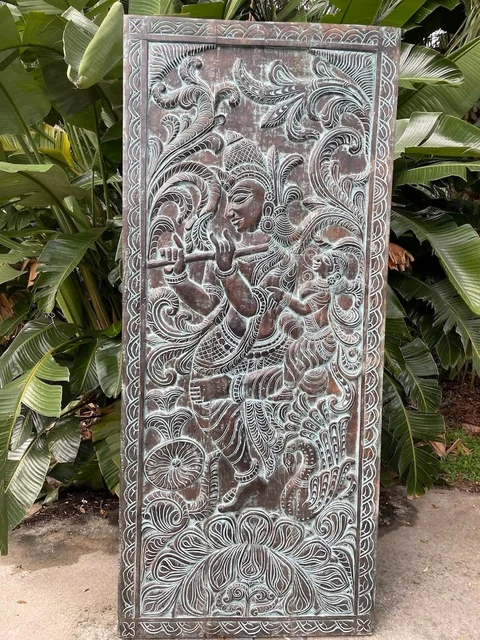Vintage Krishna Barn Door, Hand-Carved Sliding Door, Indian Wall Sculpture 2