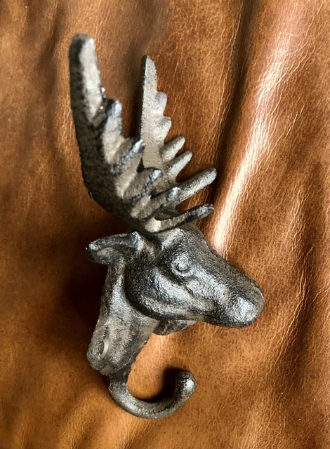 Cast Iron Moose Elk Deer Head Antler Bust Wall Mount Hook Home Decor Hanger A5