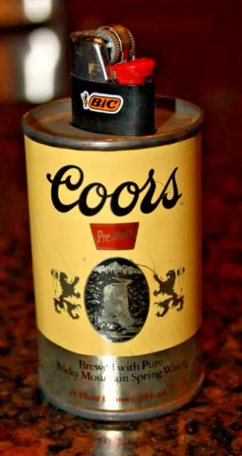 Vintage 3 Inch Mini COORS Premium Metal Beer Can Bic Lighter Holder Made in USA