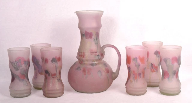 Vintage B.Z.T. LTD Hand Painted Art Glass 7Pc PITCHER & 6 GLASSES SET Israel 9"H