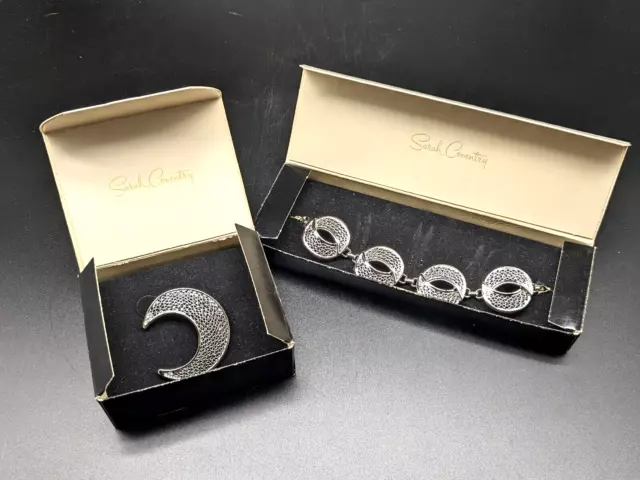 Vintage Sarah Coventry Silver Tone Crescent Moon Bracelet & Brooch Pin Nos...
