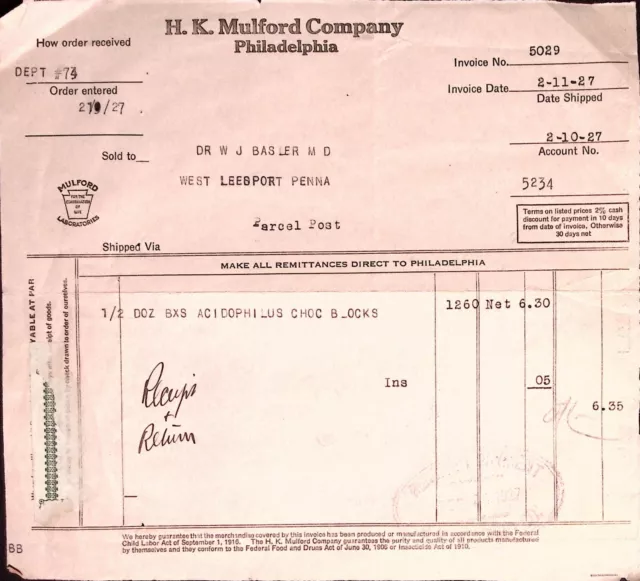 HK Mulford Co Philadelphia Purchase Order Invoice 1927 Acidophilus Probiotic