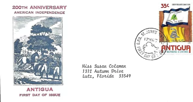 Antigua 1976 Fdc American Bicentennial Liberty Tree & Rattle Snake Flags