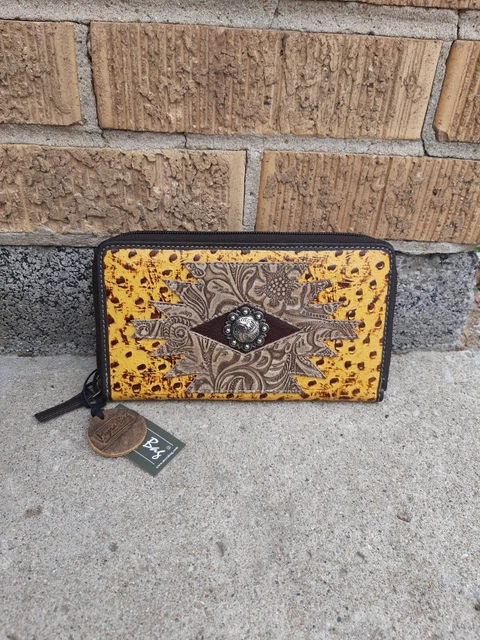 NWT Myra Bag Yellow Brown Ostrich Floral Tooled Leather Zip Ludic Wallet