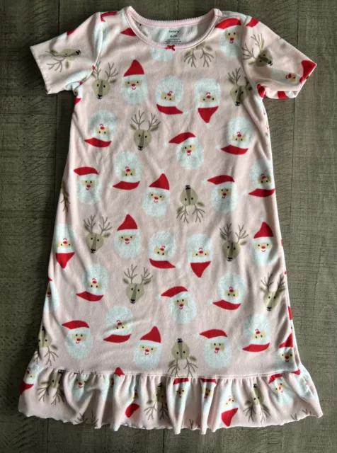 Carters Santa Reindeer Christmas Girls Pink Pajama Gown Dress Soft Fleece Sz 6-7