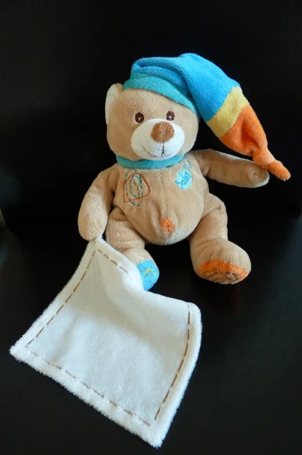 S/ DOUDOU PELUCHE OURS MOUCHOIR BONNET BLEU ORANGE BABY NAT'  babynat' ETAT NEUF