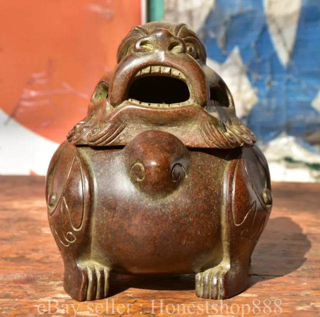 6" Marked Chinese Pure Bronze Dynasty Lion Beast censer incense burner
