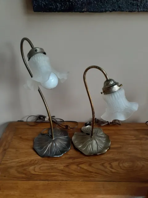 Vintage pair of  Lily Pad/Tulip Lamps,Glass Shade ,Cast Metal marked L&L WMC