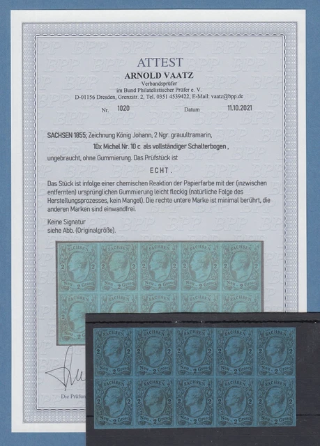 Sachsen 1855 König Johann 2Ngr Mi.-Nr. 10c kompletter Schalterbogen (*) Attest