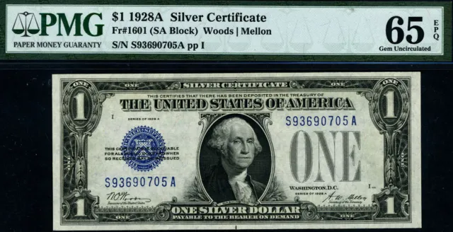 FR. 1601 $1 1928-A Silver Certificate S-A Block Gem PMG CU65 EPQ 2
