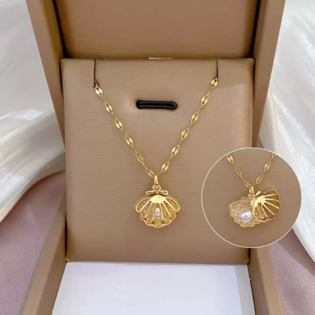 925 Sterling Silver Gold Plated Wispy Shell Pearl Pendant Women's Necklace Set