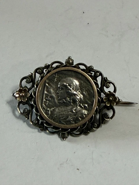 Broche 19ème Siècle Argent Filigrané Jeanne D'Arc Au Bûcher - 3x3cm, 4.79g