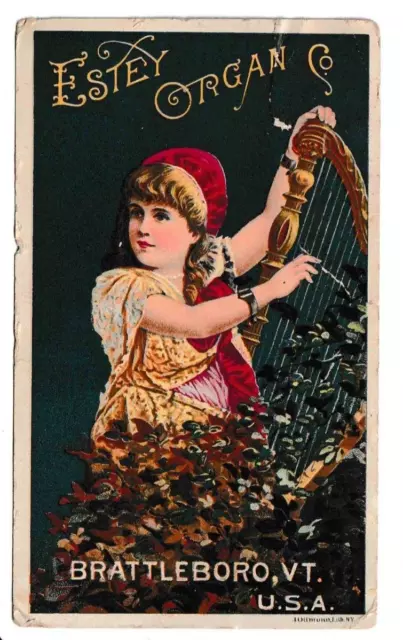 Victorian Trade Card Girl Playing Harp Estey Organ Co Brattleboro Vermont