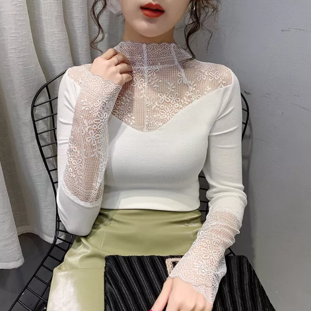 Sexy Lace Top Semi-Transparent Off-Shoulder High-Neck Long-Sleeve Slim Shirt New