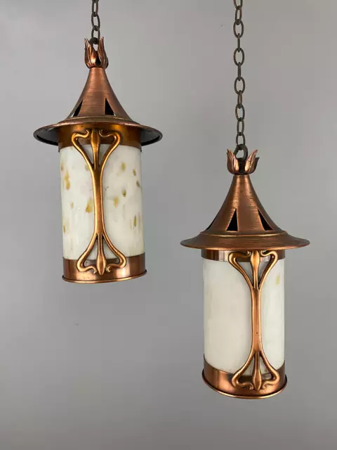 Vintage Copper Art Nouveau Style Lantern With Marbled Glass Light (22493)