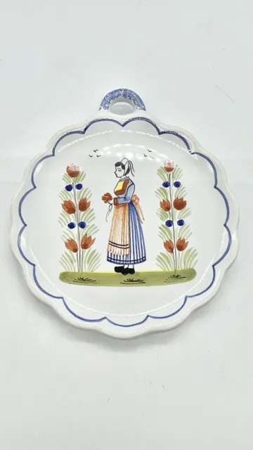 HB HENRIOT QUIMPER Breton Woman Dish With Handle Wall Plate 4.5"