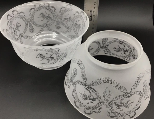 SET of 2 VICTORIAN LIONS Acid Etched GLASS SHADES  VINTAGE Oil Lamp