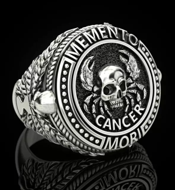 Memento Mori Tête de Mort Zodiaque Cancer Signe 925 Argent Prédateur Homme Bague