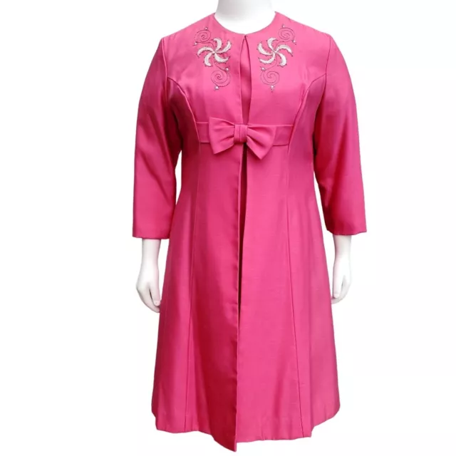 Vintage Dress and Coat Womens L Hot Pink Embellished 60s Bespoke Raw Silk Set