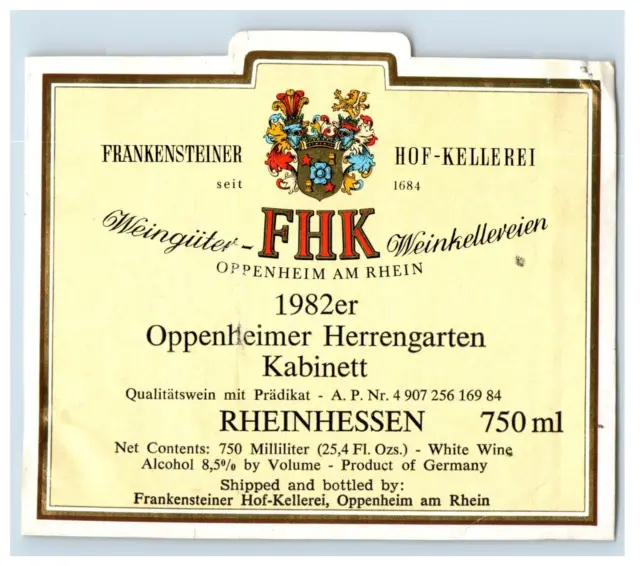 1970's-80's Oppenheimer Herregarten Kabinett German Wine Label Original S43E