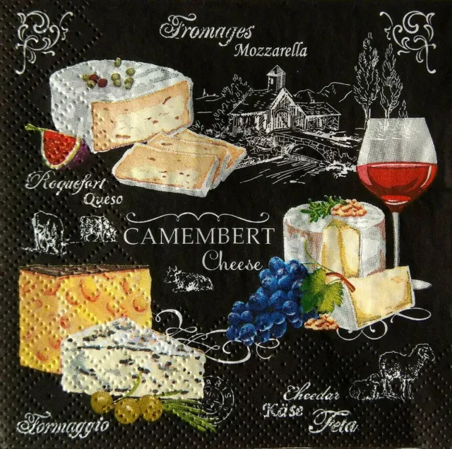 4X Paper Design Napkin Decoupage Craft Tissue Cheese Vine Fromage Camembert Food