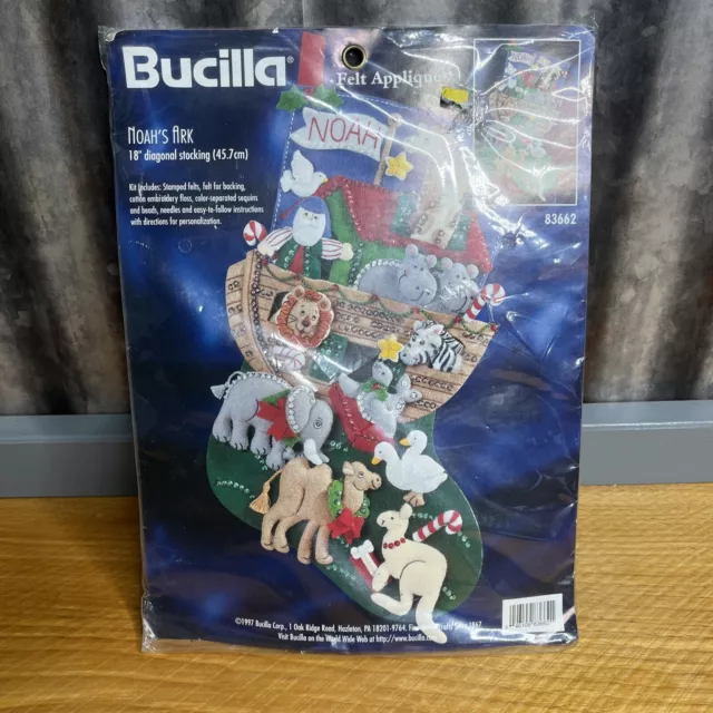 Kit de medias de colección Bucilla fieltro navideño de 18" aplique 1997 Arca de Noé 83662 nuevo de lote antiguo