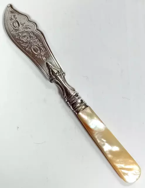 Victorian Sterling Silver Bladed & Mother Of Pearl Handled Butter Knife 1866