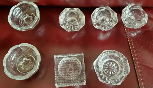 Seven (7) Various Cut Crystal Glass Open Salt Liners Caviar Dishes Dip Cellars 