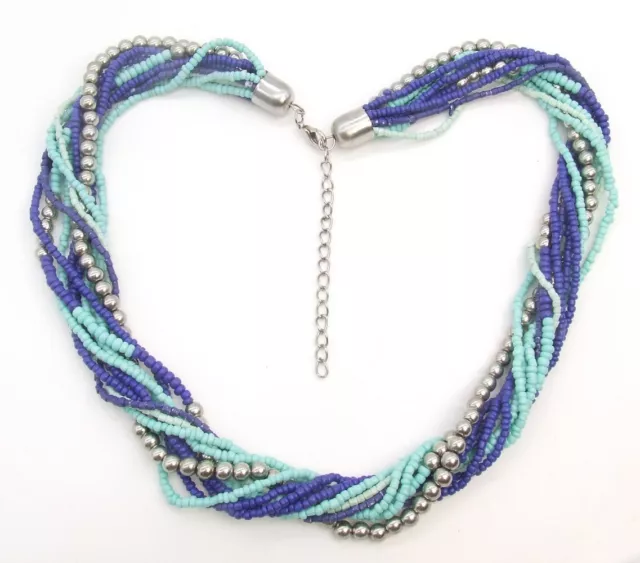 20" Silver Tone Multi-strand Navy & Baby Blue Seed Bead Torsade Necklace Beaded