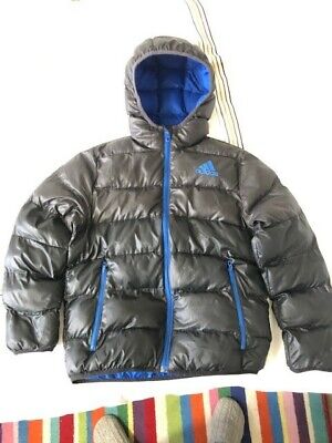 Adidas puffer jacket boys age 11-12 years. Black with blue logo, zips and inner