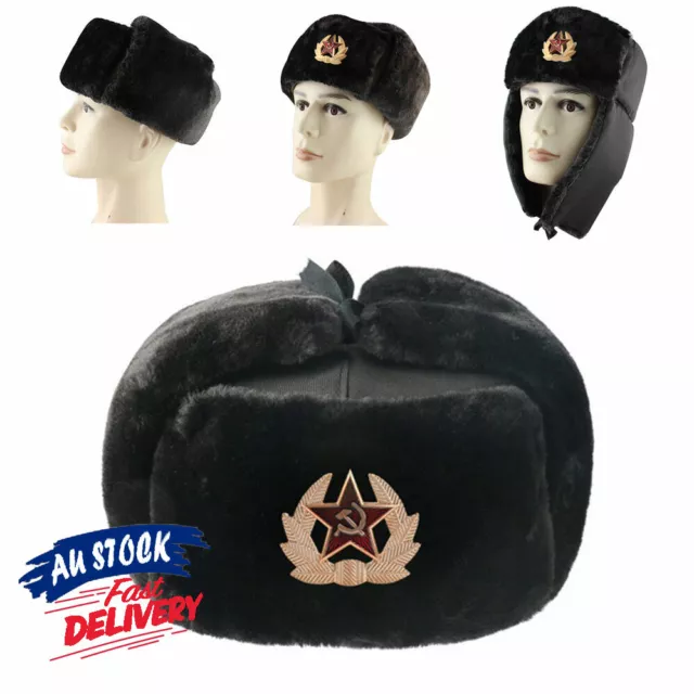 Black Cap With Soviet Badge Flap Cossack Russian Trapper Hat Ushanka Faux Fur