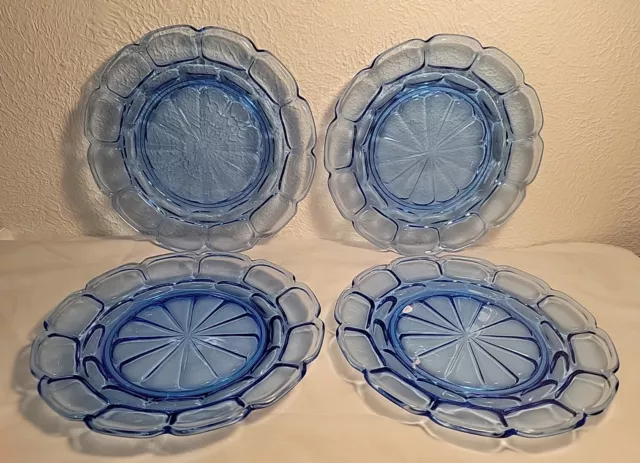 FOSTORIA ARGUS BLUE GLASS 8" Snack LUNCHEON PLATES Set Of 4 EXCELLENT !!