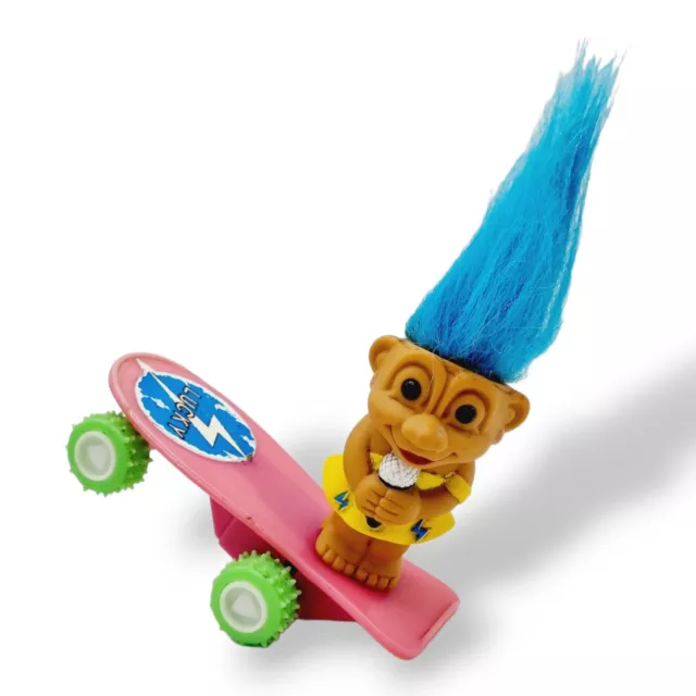 Vintage Lucky Singing Skateboard Troll Blue Hair 1990's Collectable Pull Back