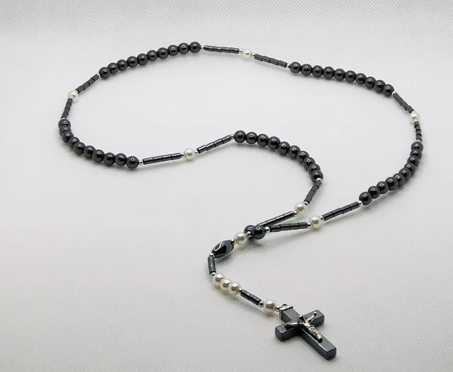 Hematite Bead Rosary With Pearl Colored Stones Beads Catholic Holy & Cross 22”