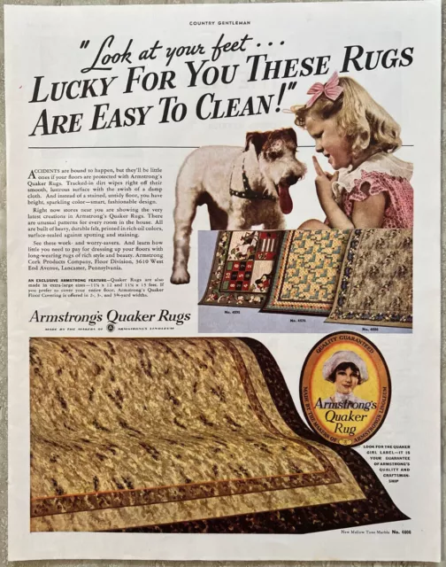 1936 Armstrong's Quaker Rugs Easy To Clean & Linoleum Vtg Print Ad