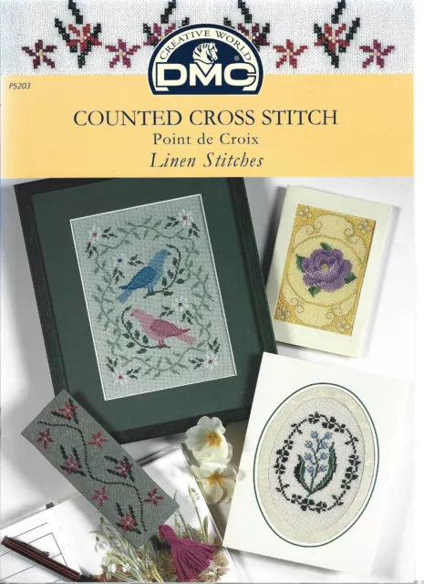 DMC Counted Cross Stitch Linen Stitches Charts Birds Flowers Alphabet Book