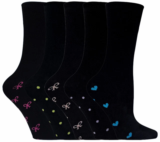 5 Paires Femme Noires Coton Riches Chaussettes avec Bow, Coeur & Dot modèle