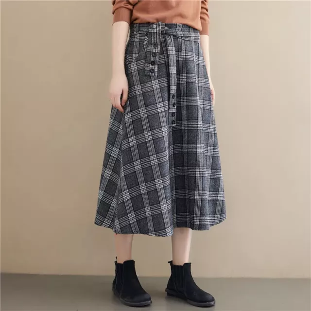 Femmes Plaid Jupe Midi Faux Laine Plissé Taille Haute Grand Swing avec Ceinture