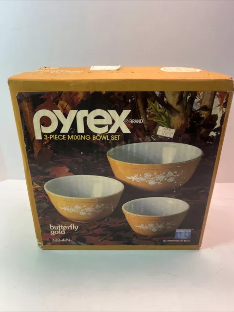 NEW Sealed Vintage Pyrex Butterfly Gold Nesting Mixing Bowls Set 300-4-N