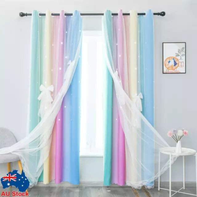 Double-Layer Blackout Window Curtains Yarn Tulle Ombre Stars Kids Room Drapes