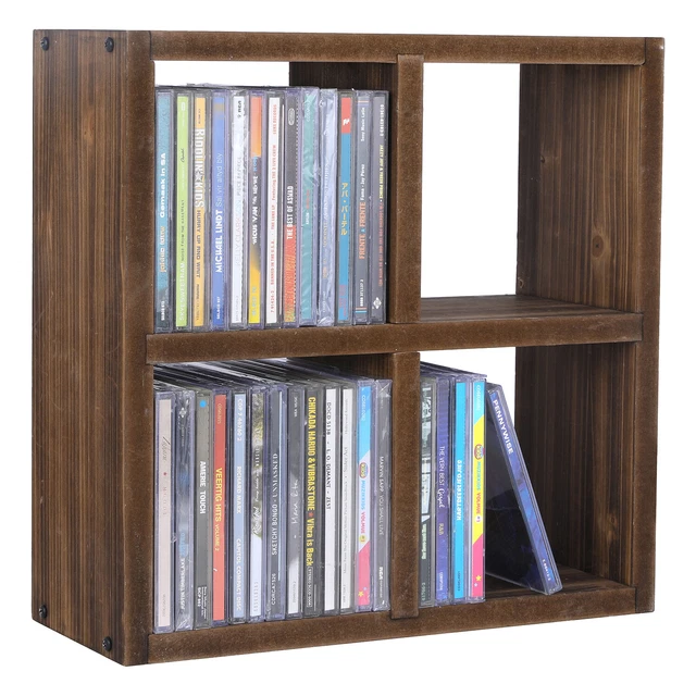 4-Compartment CD Storage Shelf, Rustic Burnt Wood Cubby Style Media Jewel Rack
