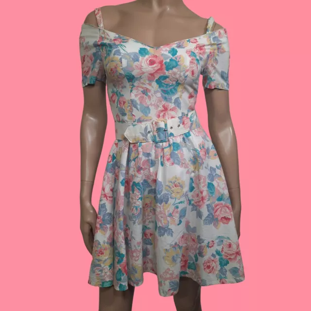 Vintage 80s Floral Mini Dress Pastel Belted Fit Flare Sweetheart Off Shoulder XS