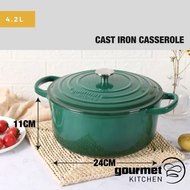 Gourmet Kitchen Cast Iron Pot Casserole Slow Cook Oven Safe 24cm Eden Green